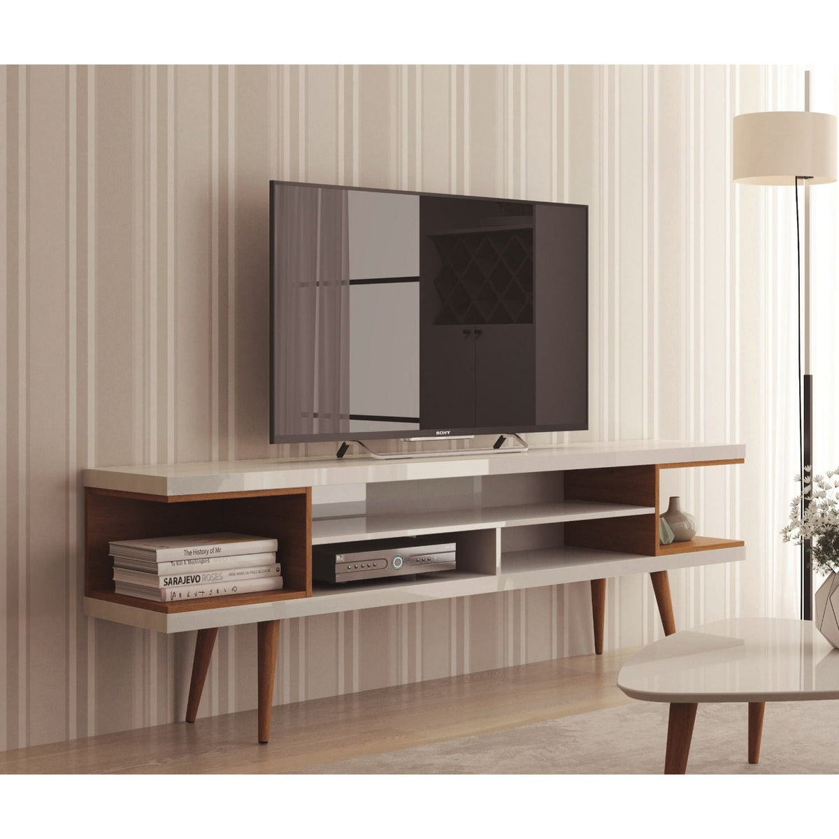 Mid-Century Modern TV Stand white wood finish with adjustable storage for Sony TV on Tampa Home & Garden Store
