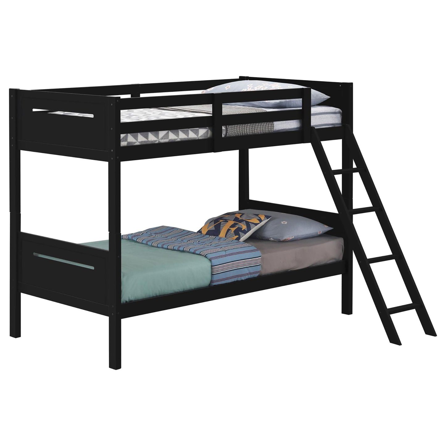 HouseOfZazla black bunk bed with built-in ladder, guardrails and angled access step; two-tier beds on Tampa Home & Garden Store