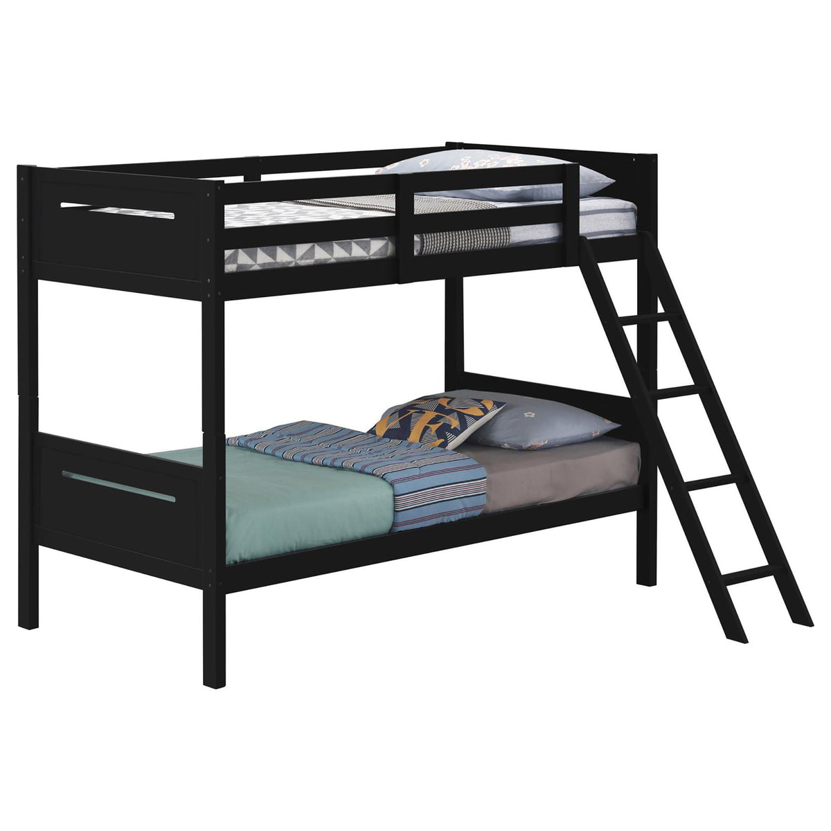 HouseOfZazla black bunk bed with built-in ladder, guardrails and angled access step; two-tier beds on Tampa Home & Garden Store