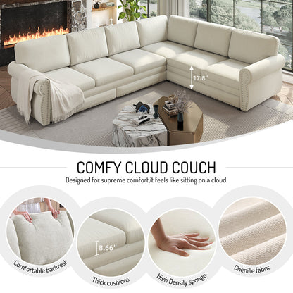 118" L-Shaped Convertible Sofa Bed HouseOfZazla cream chenille thick cushions on Tampa Home & Garden Store