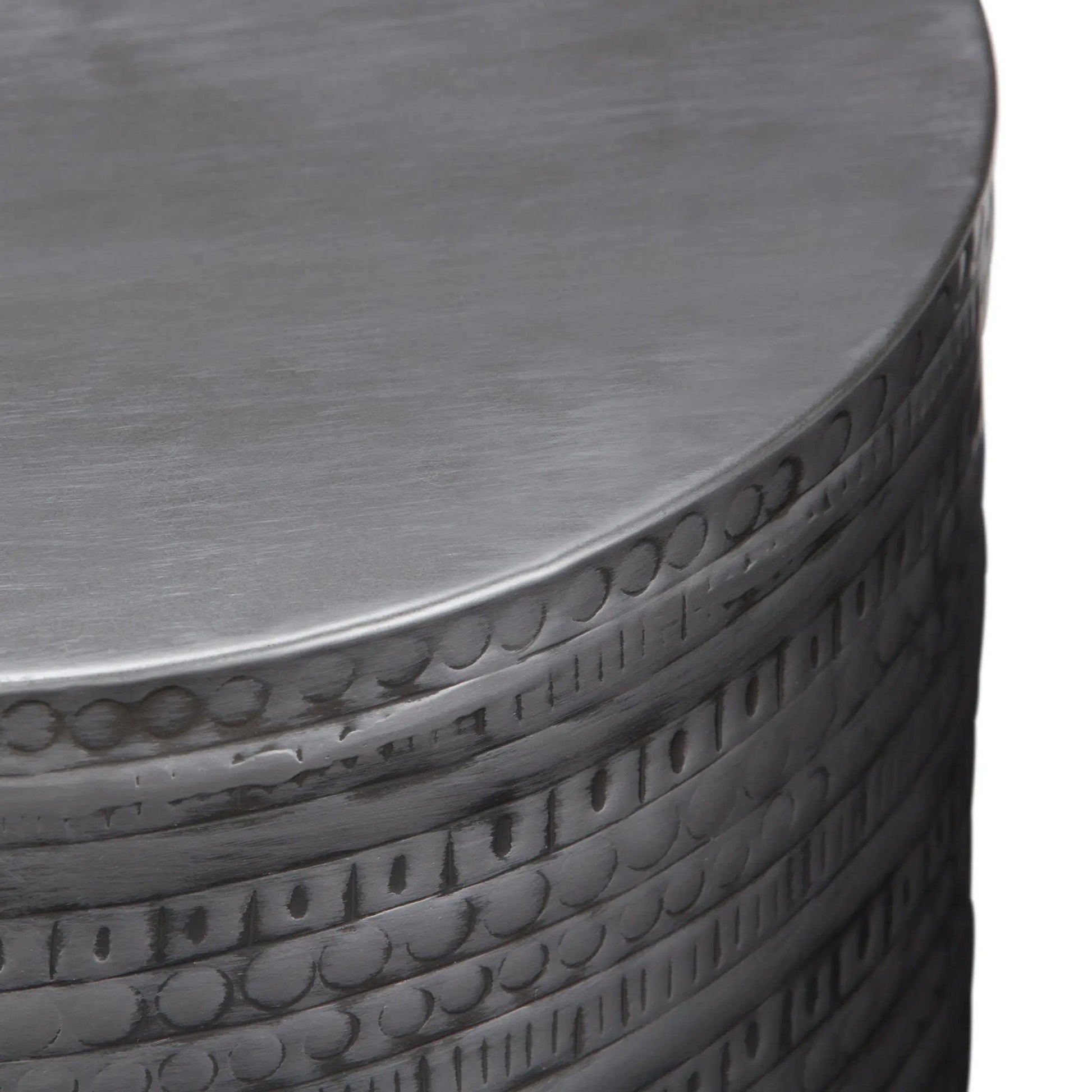Johnsen handcrafted metal accent table round top with etched band dark finish Unique Piece on Tampa Home & Garden Store