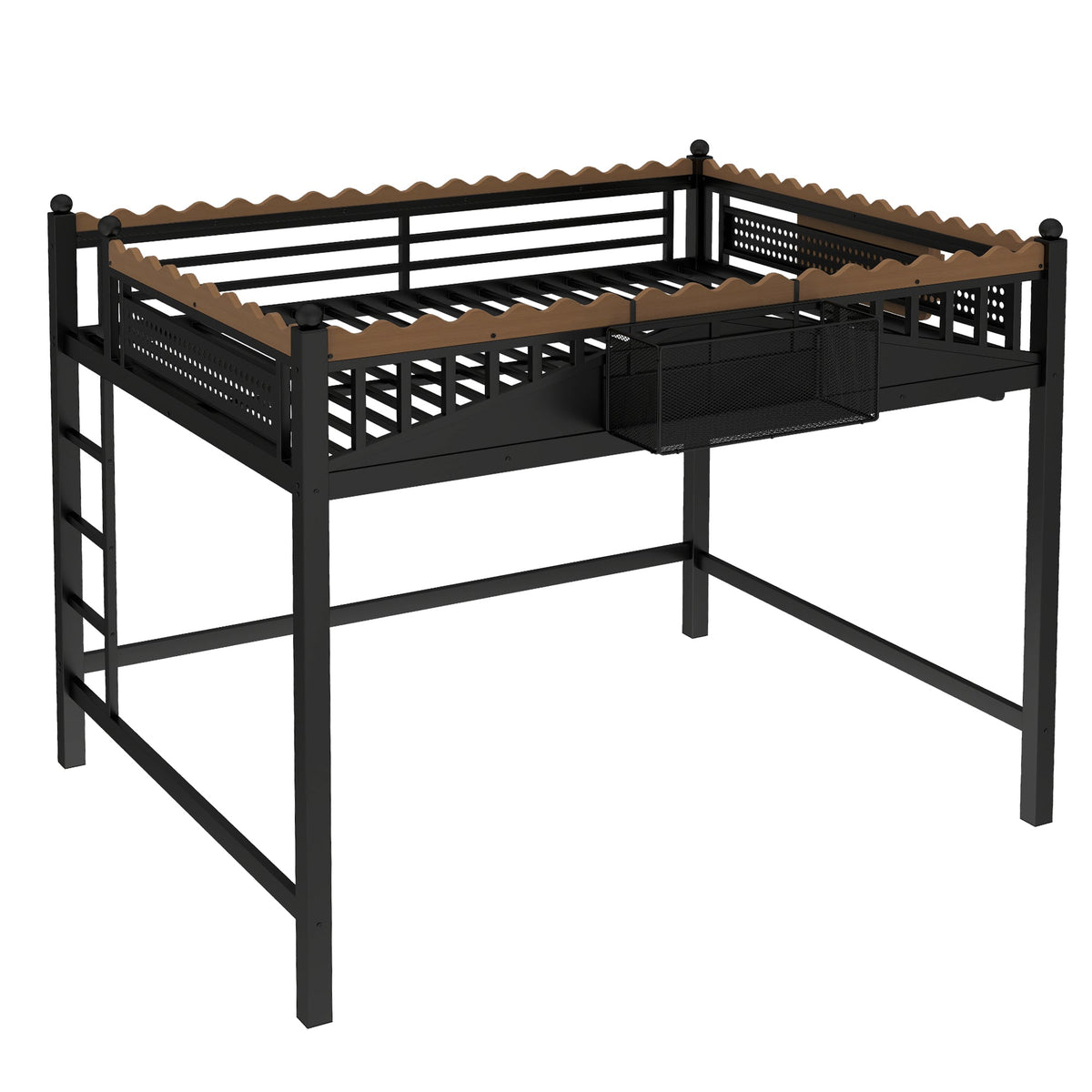 Queen Size Loft Bed with Ladders and Storage, black metal frame with wood accents HouseOfZazla on Tampa Home & Garden Store