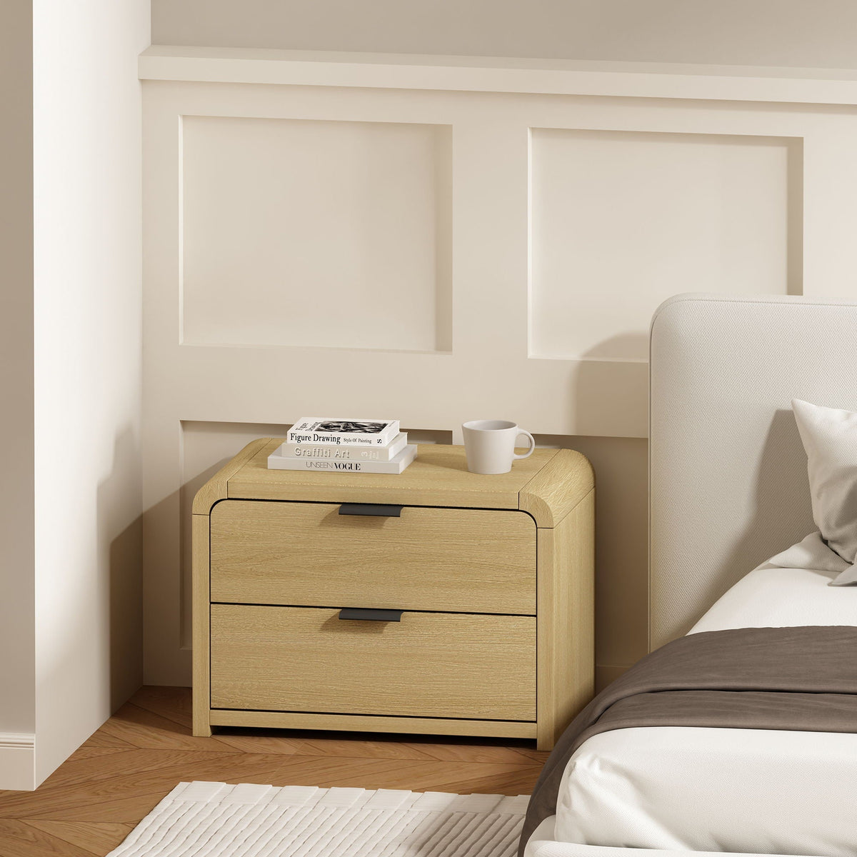 Grace Nightstand with Two Drawers light brown finish with black pulls by HouseOfZazla on Tampa Home & Garden Store