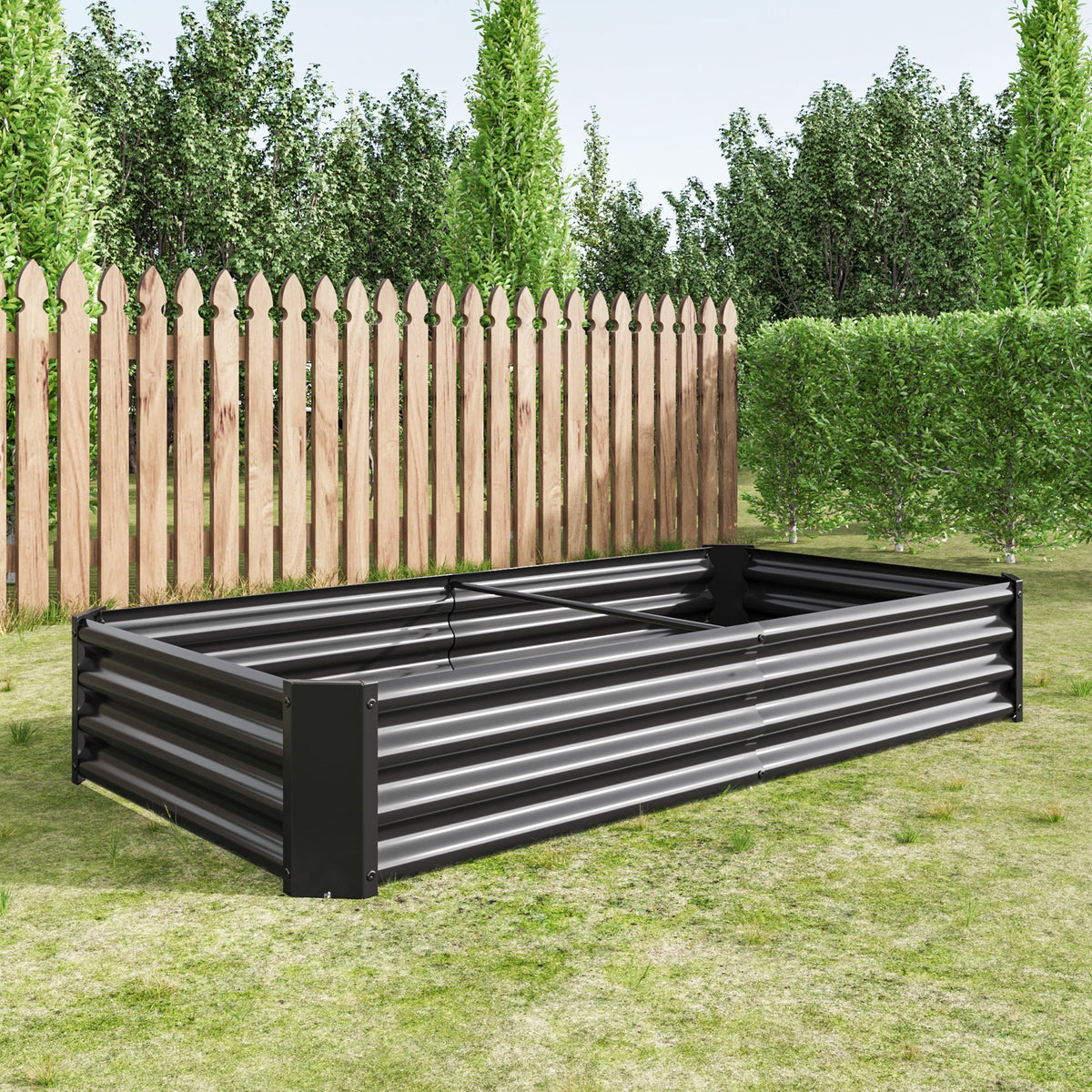 Metal raised garden bed 6×3×1 ft, dark gray rectangular outdoor planter beside wooden fence on Tampa Home & Garden Store