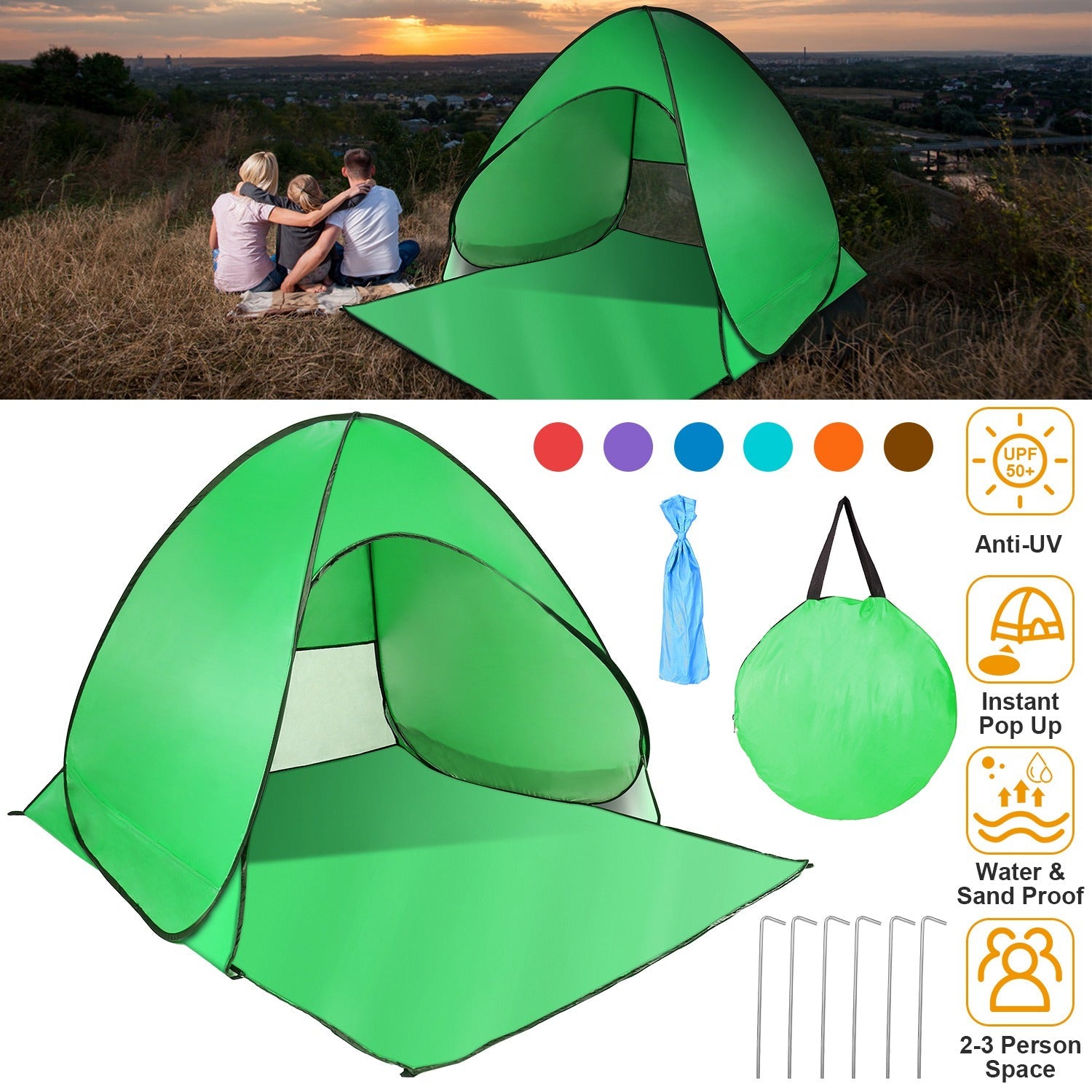 GemGear green pop-up beach tent anti-UV waterproof 2–3 person with carry bag on Tampa Home & Garden Store