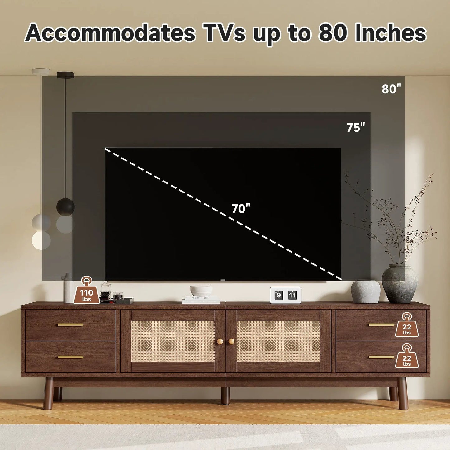70in TV stand with doors for TVs up to 80in, dark brown media console with 4 drawers Unique Piece on Tampa Home & Garden Store