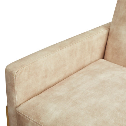 Accent arm chair in beige upholstery with visible stitched seams along the arm on Tampa Home & Garden Store