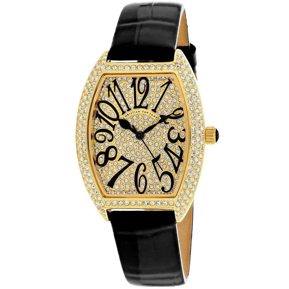 Christian Van Sant women's elegant watch gold-tone crystal-studded case black leather strap on Tampa Home & Garden Store