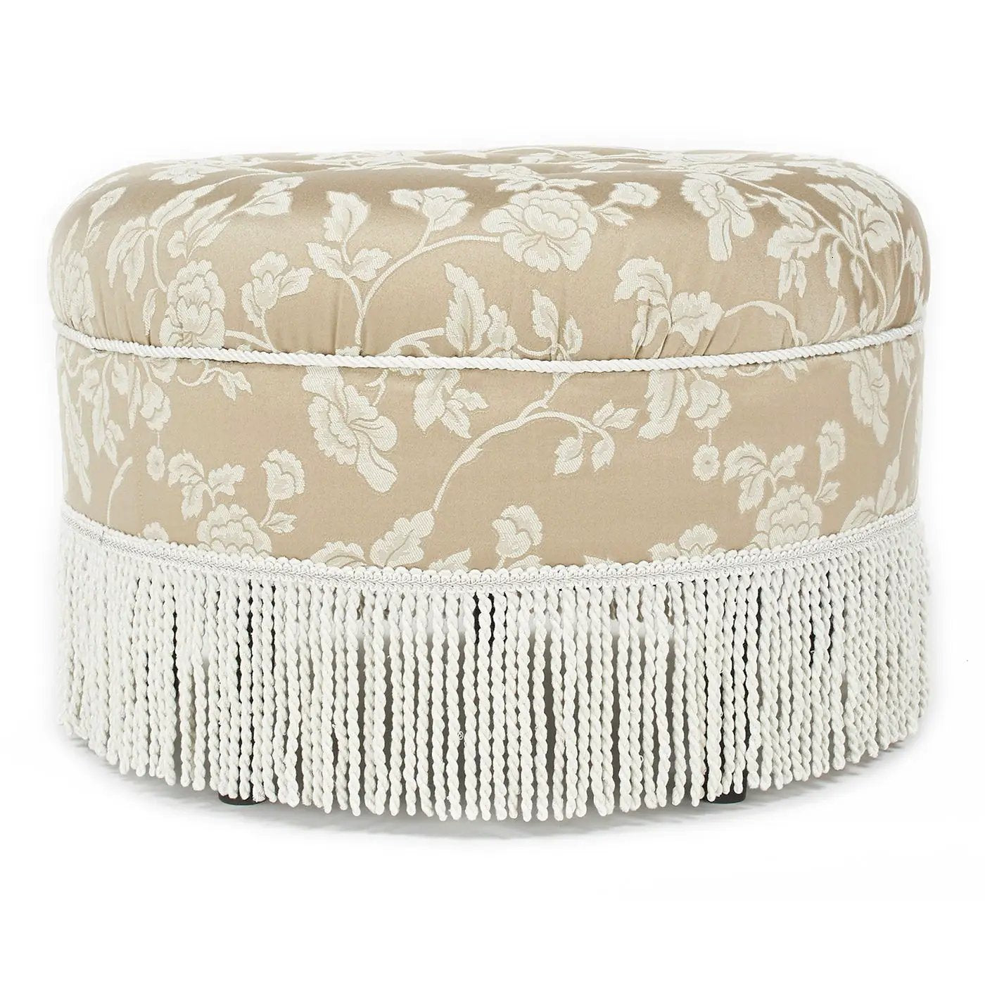 Yolanda round upholstered accent ottoman in beige damask fabric with white fringe trim on Tampa Home & Garden Store