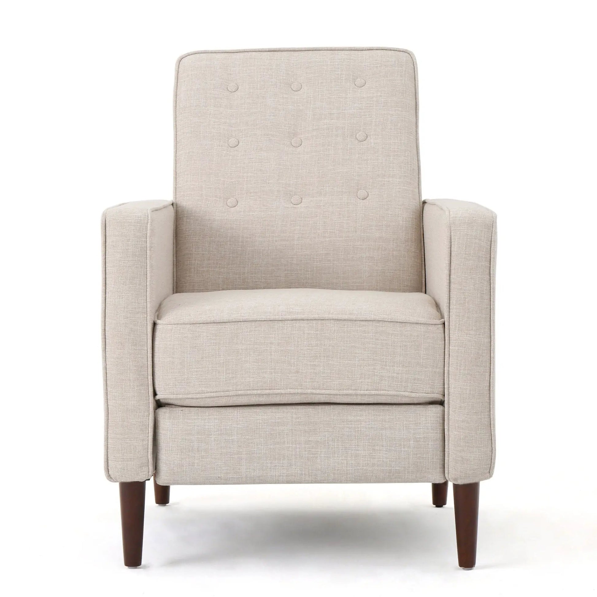 Mid-Century Modern Recliner beige waffle-stitch fabric with button tufting and wooden legs on Tampa Home & Garden Store