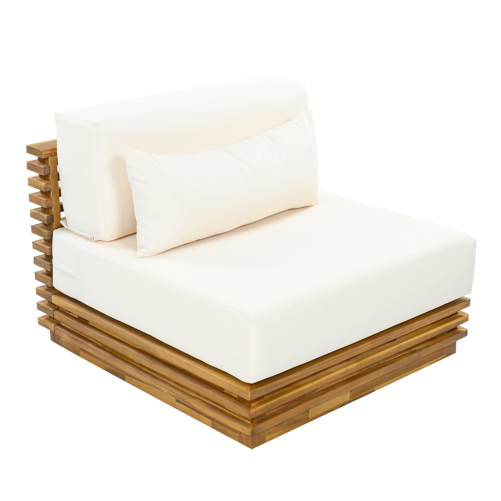 Oversized outdoor 3-piece chat set with two white cushions and wooden slat base side table on Tampa Home & Garden Store