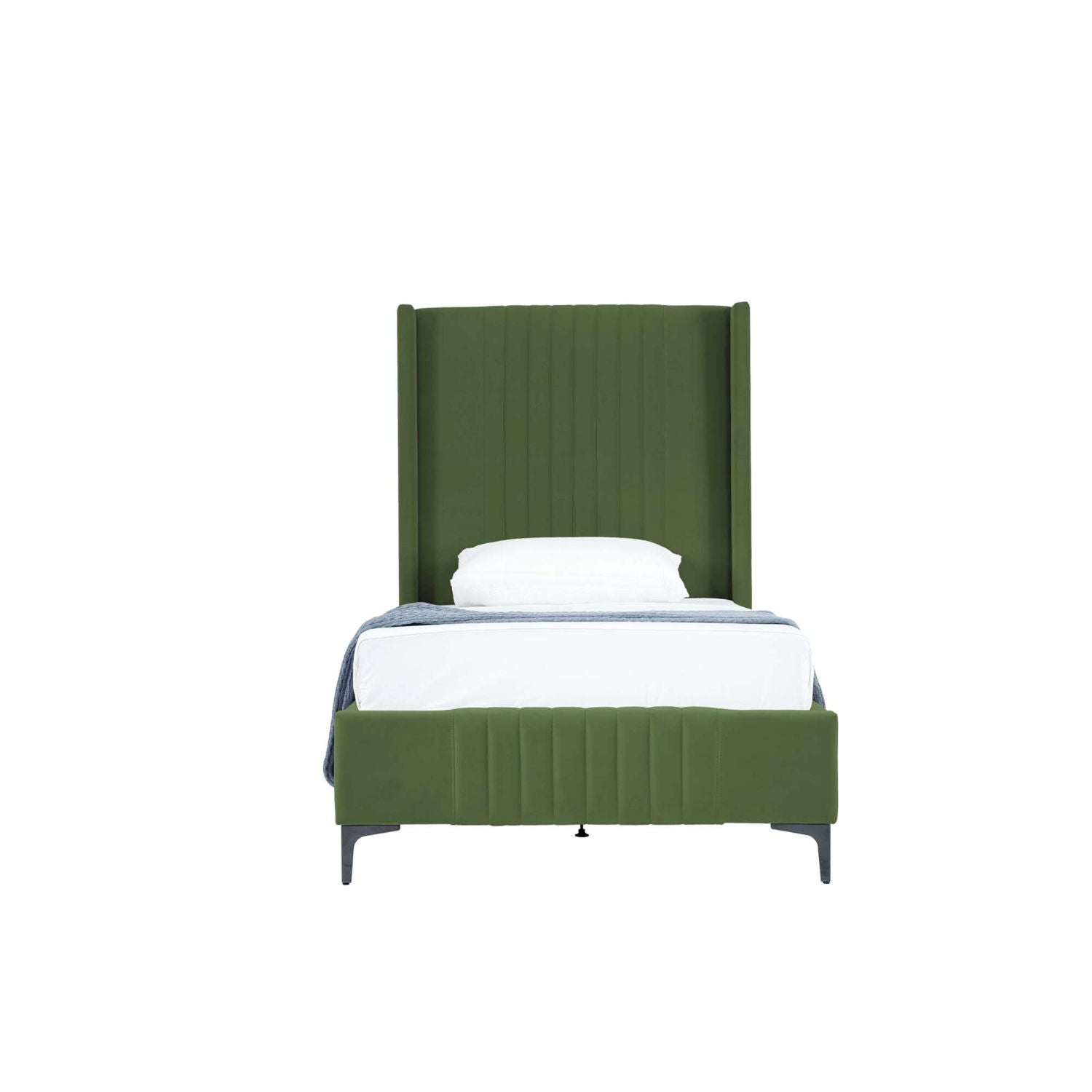 Promenade upholstered bed with green headboard and slatted base, white bedding on Tampa Home & Garden Store