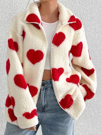 Cute Heart Zip Up Furry Jacket by Stevvex, cream base with red hearts, cozy winter coat on Tampa Home & Garden Store