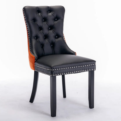 Nikki dining chair, black tufted leather, brown sides, nailhead trim by Unique Piece on Tampa Home & Garden Store