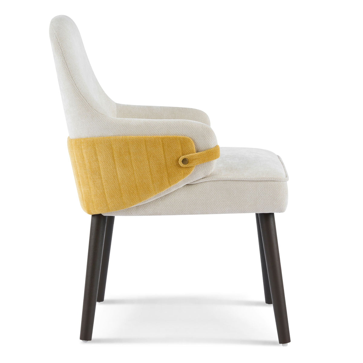 Indoor dining chair beige upholstery with mustard-yellow armrest pad and dark wood legs on Tampa Home & Garden Store