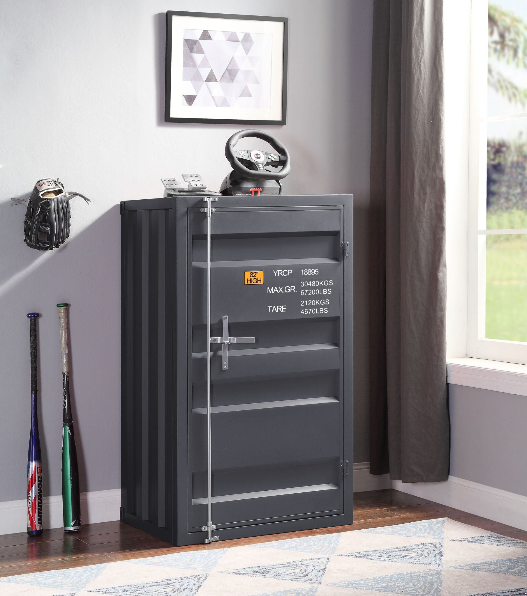 Cargo Ample Storage Chest gray metal accent chest in a garage setting on Tampa Home & Garden Store