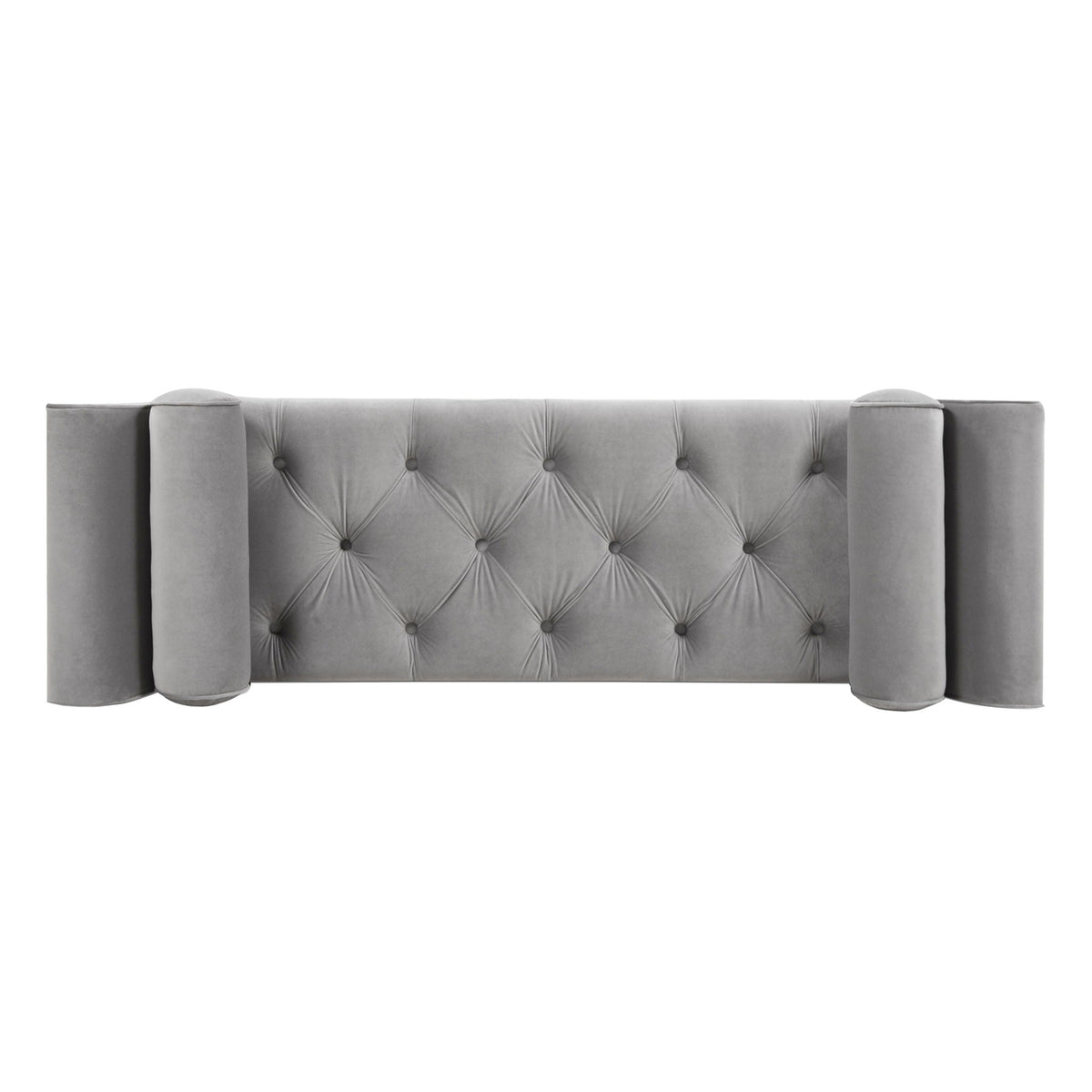 Tufted flared-arm entryway bench in grey velvet with button tufting and cylindrical arms on Tampa Home & Garden Store