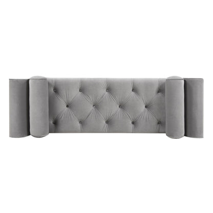 Tufted flared-arm entryway bench in grey velvet with button tufting and cylindrical arms on Tampa Home & Garden Store