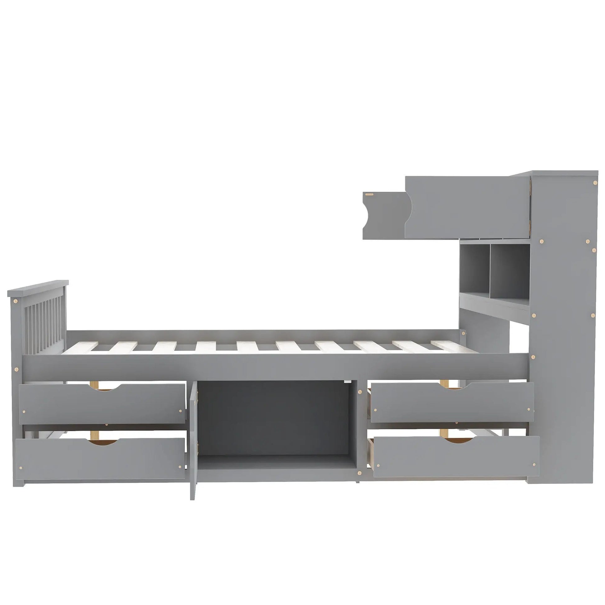 Gray captain platform bed frame with bookcase headboard and 4 built-in drawers on Tampa Home & Garden Store