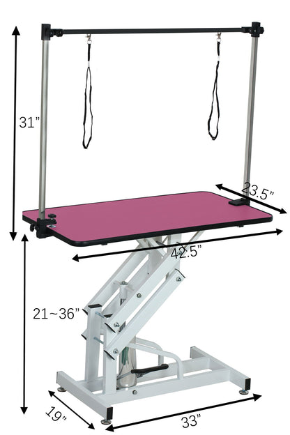 Hydraulic pet grooming table with H-arm, pink tabletop and silver frame, adjustable height on Tampa Home & Garden Store