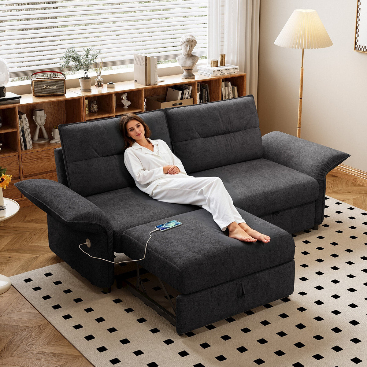Grey Multifunctional Sofa Bed 85-Inch Convertible Plush Fabric HouseOfZazla on Tampa Home & Garden Store