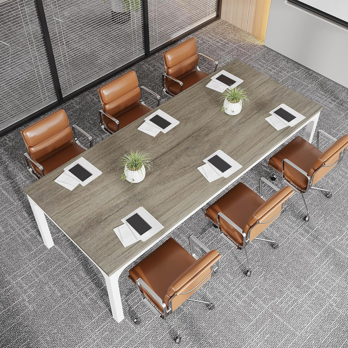 Extra Long 2 Person Computer Desk with Collaborative Workstation White Oak by HouseOfZazla, long grey wood desk with tan leather chairs on Tampa Home & Garden Store