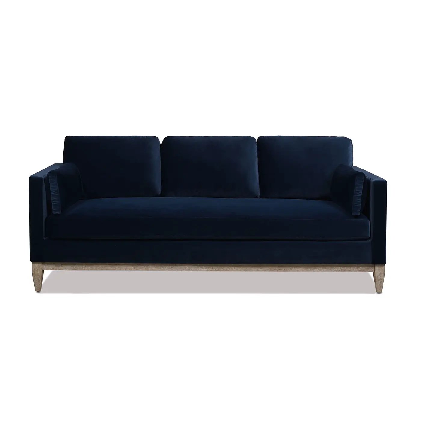 Knox Modern Farmhouse Sofa navy velvet upholstery with three back cushions and wood legs on Tampa Home & Garden Store
