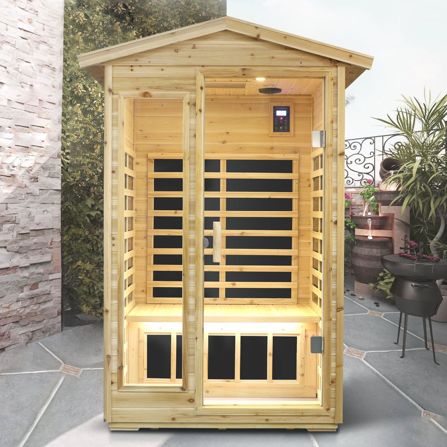 Two Person Far Infrared Old Fir Outdoor Sauna Room by HouseOfZazla with glass door on Tampa Home & Garden Store