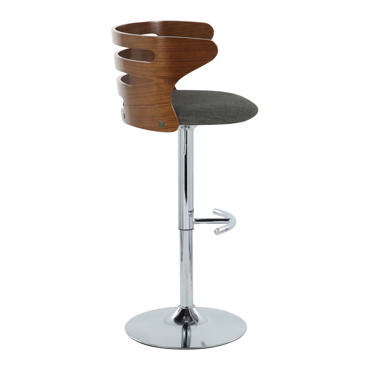 Mid Century Modern adjustable barstool with swivel and wood back, dark gray fabric seat on Tampa Home & Garden Store