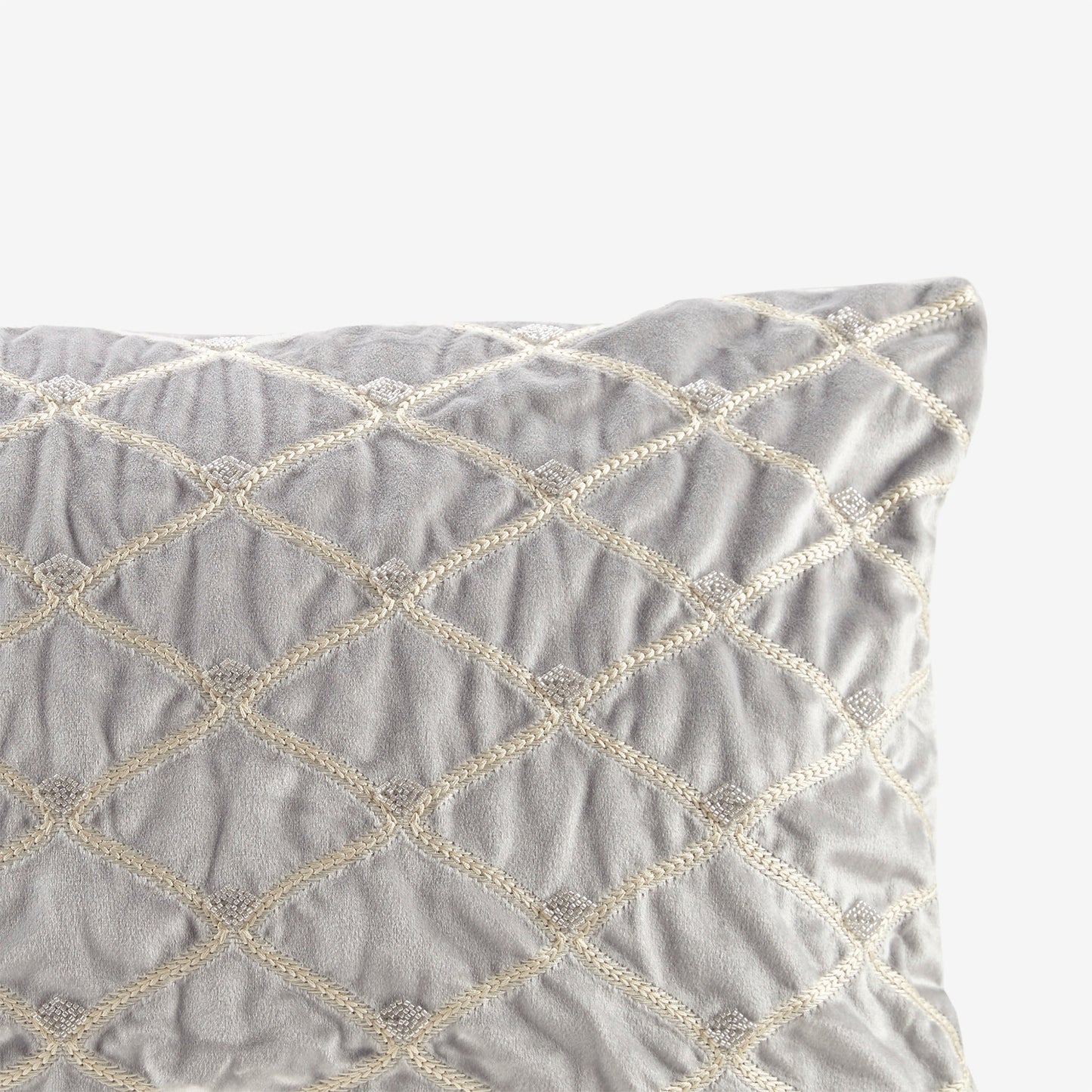 Oblong decor pillow silver 22x15 by HouseOfZazla with cream braided diamond quilting on Tampa Home & Garden Store