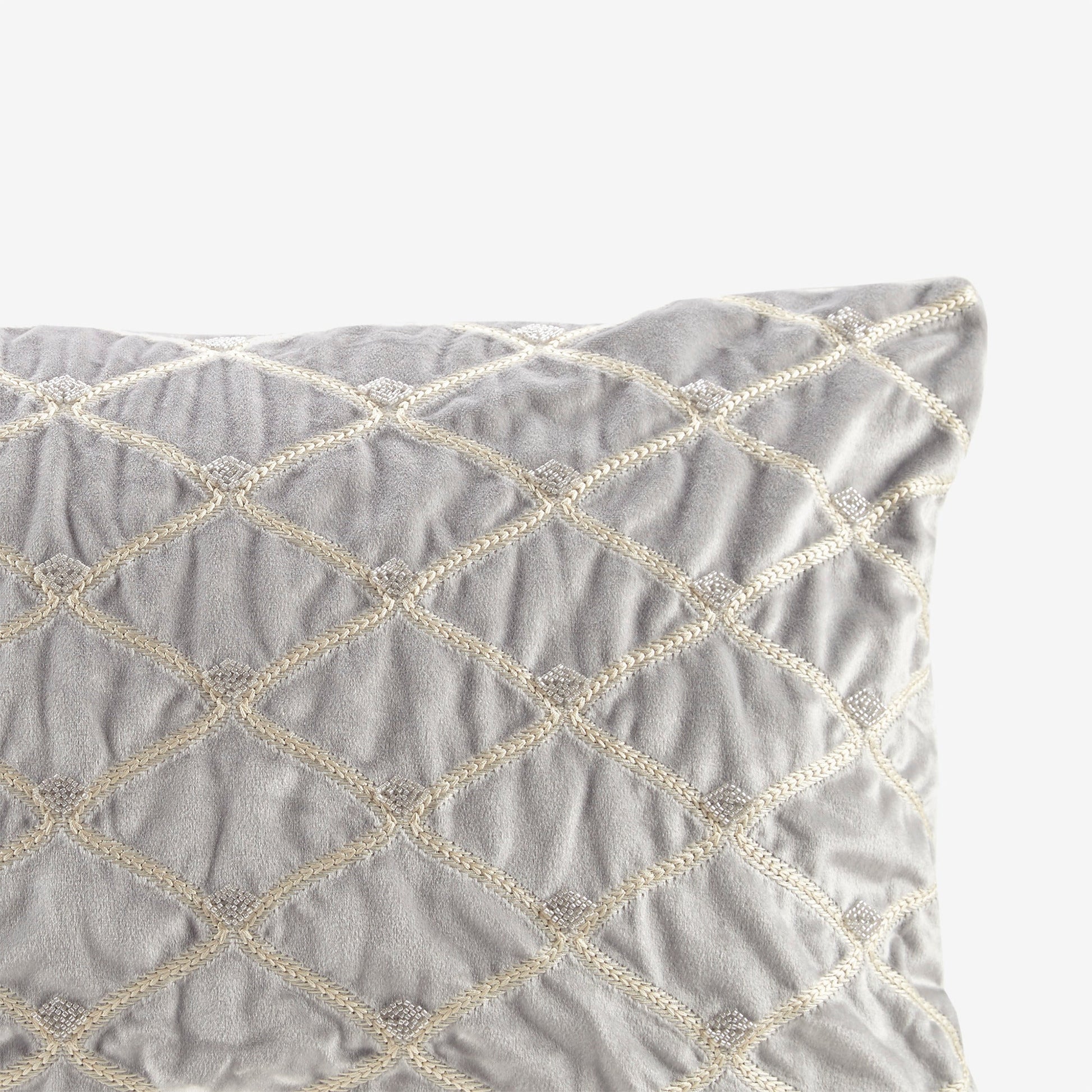 Oblong decor pillow silver 22x15 by HouseOfZazla with cream braided diamond quilting on Tampa Home & Garden Store