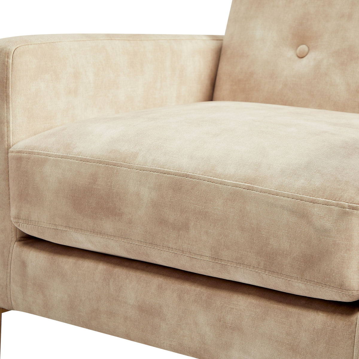 Tufted back accent arm chair in light brown velvet upholstery with a single button tuft on Tampa Home & Garden Store