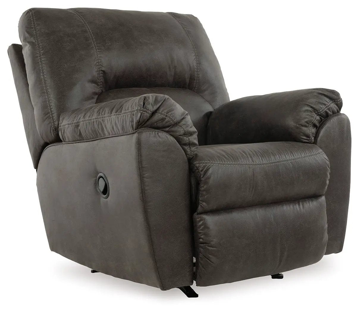 Tambo Rocker Recliner, Unique Piece Furniture, dark gray leather cushioned arms and side lever on Tampa Home & Garden Store