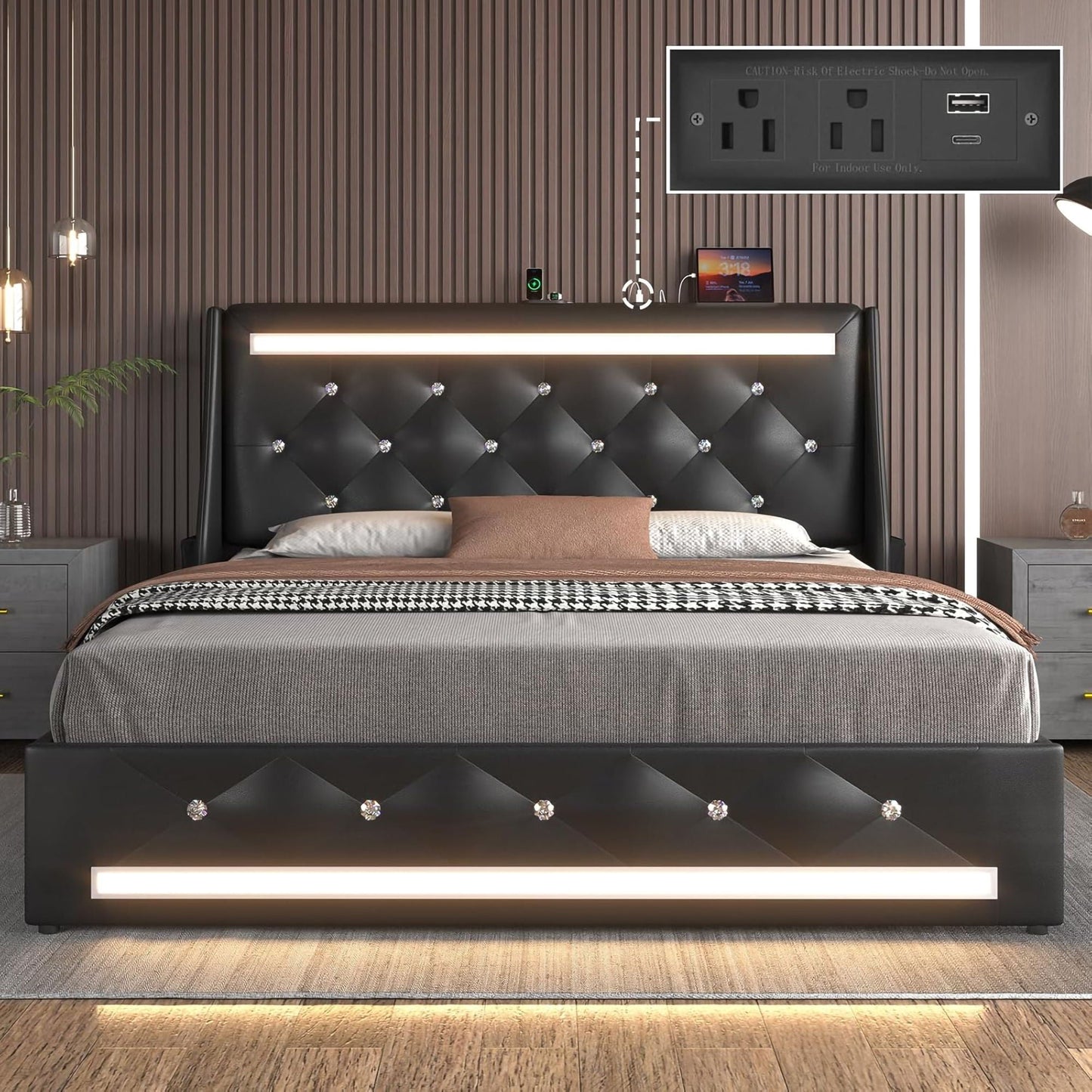 Wingback Upholstered Bed Frame Led and Usb