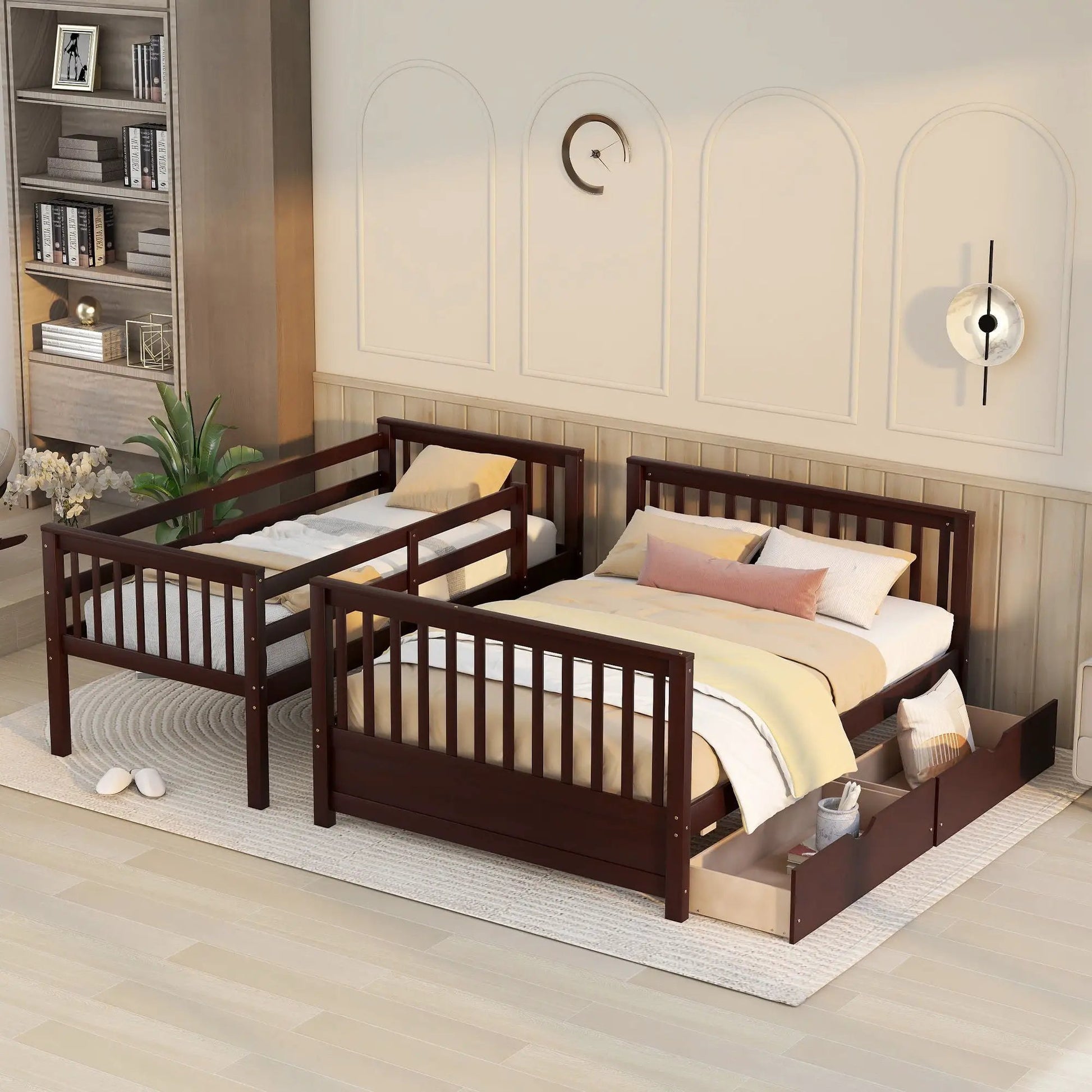 Unique Piece Furniture bunk beds in dark wood with two twin frames and under-bed drawers, beige bedding on Tampa Home & Garden Store