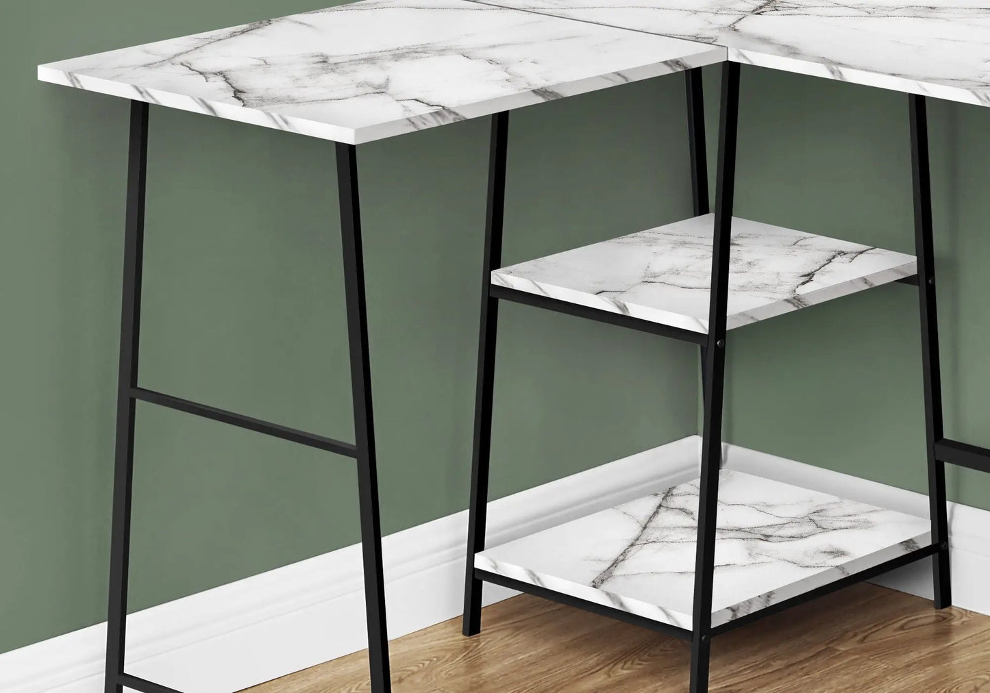 Corner desk with marble-look laminate top, black metal frame and two-tier shelves on Tampa Home & Garden Store
