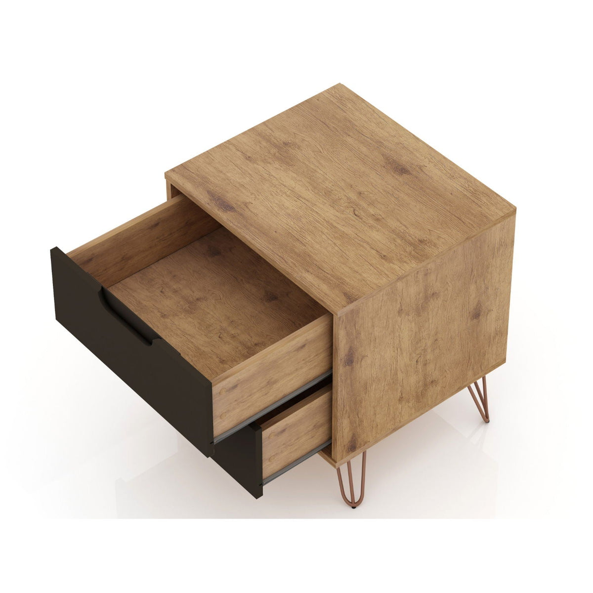 2 Drawer Nightstand in oak wood finish with black front and splayed metal legs HouseOfZazla on Tampa Home & Garden Store