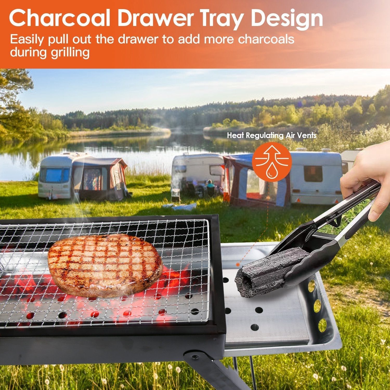 GemGear foldable charcoal BBQ grill with stainless steel body for tabletop outdoor grilling on Tampa Home & Garden Store