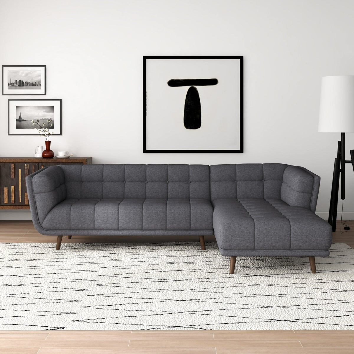 L-shaped tufted sectional sofa in dark gray fabric by HouseOfZazla, mid-century modern design on Tampa Home & Garden Store