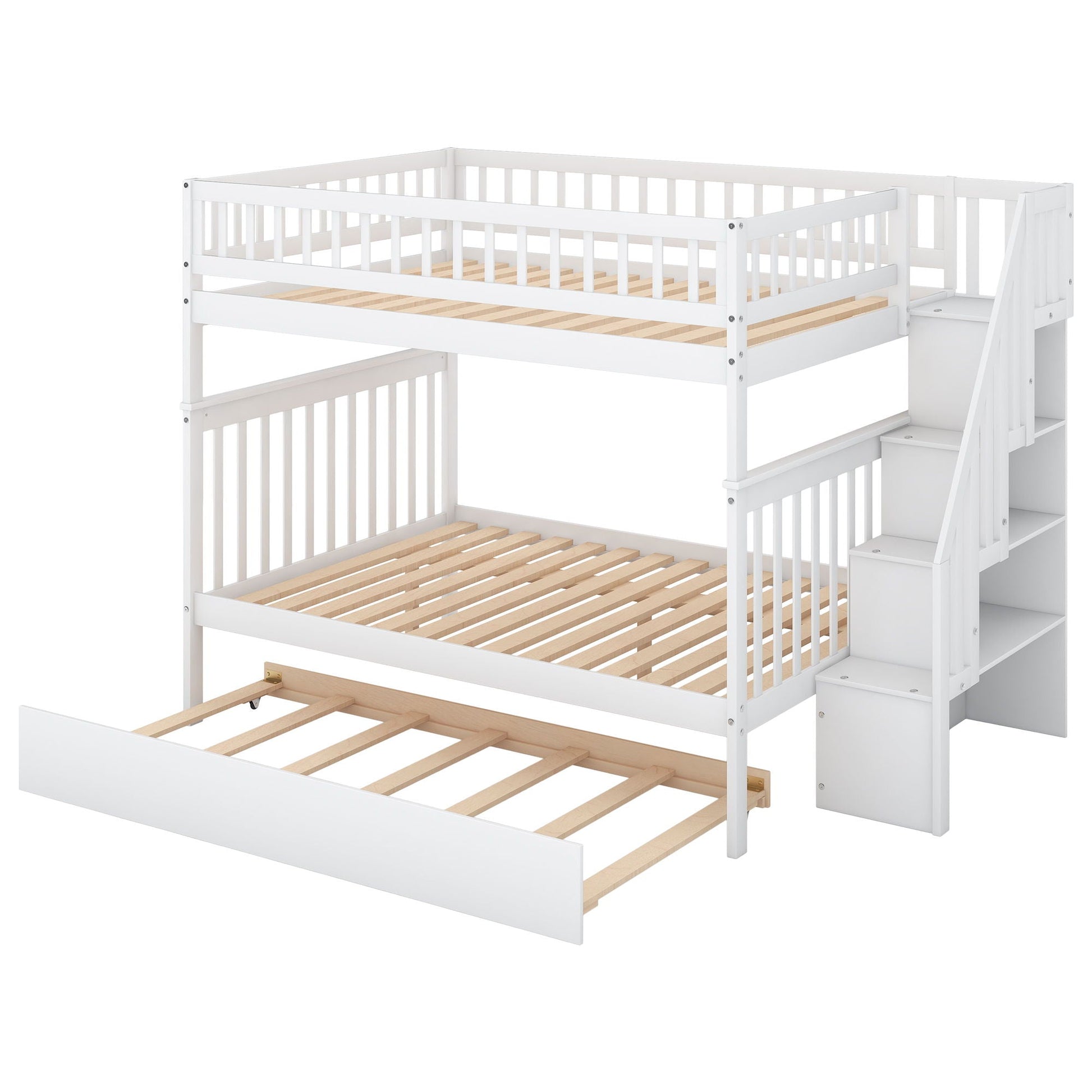 Bunk bed with staircase in white finish, natural wood slat bases, guard rails, HouseOfZazla on Tampa Home & Garden Store
