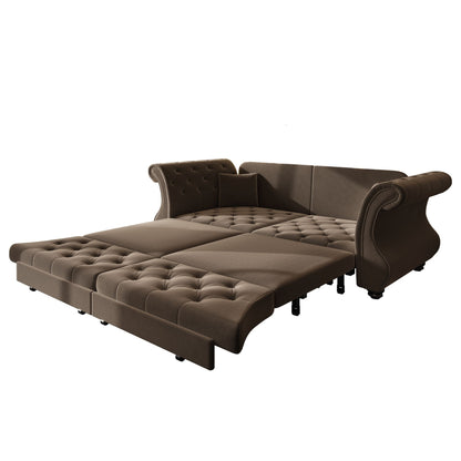 Oversized Chesterfield pull-out sofa bed with brown leather, flower tufting, roll arms on Tampa Home & Garden Store