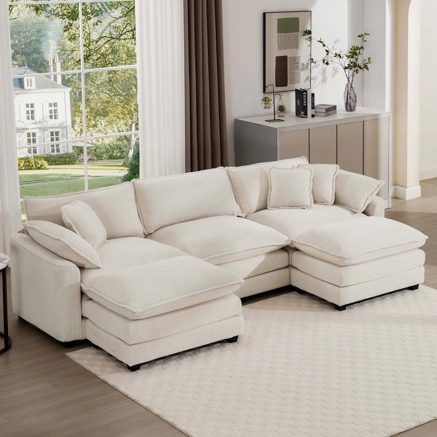 Modern oversized modular cushion sofa with ottoman, cream fabric, deep seating, low back 3pc on Tampa Home & Garden Store