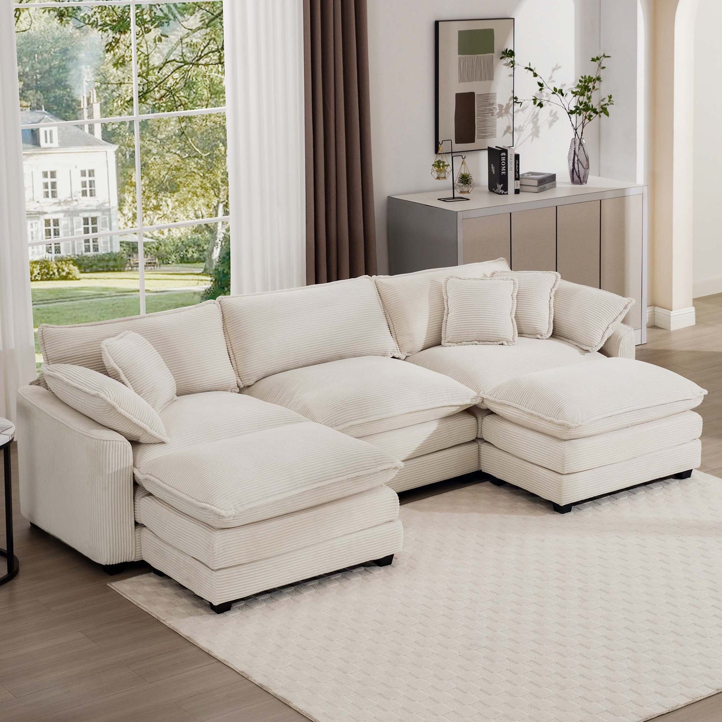 Oversized modular cushion sofa with ottoman cream fabric; deep seating back HouseOfZazla on Tampa Home & Garden Store