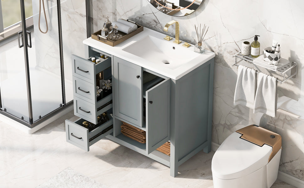 36in bathroom vanity with sink top and storage cabinet in bluegray finish with drawers and doors on Tampa Home & Garden Store