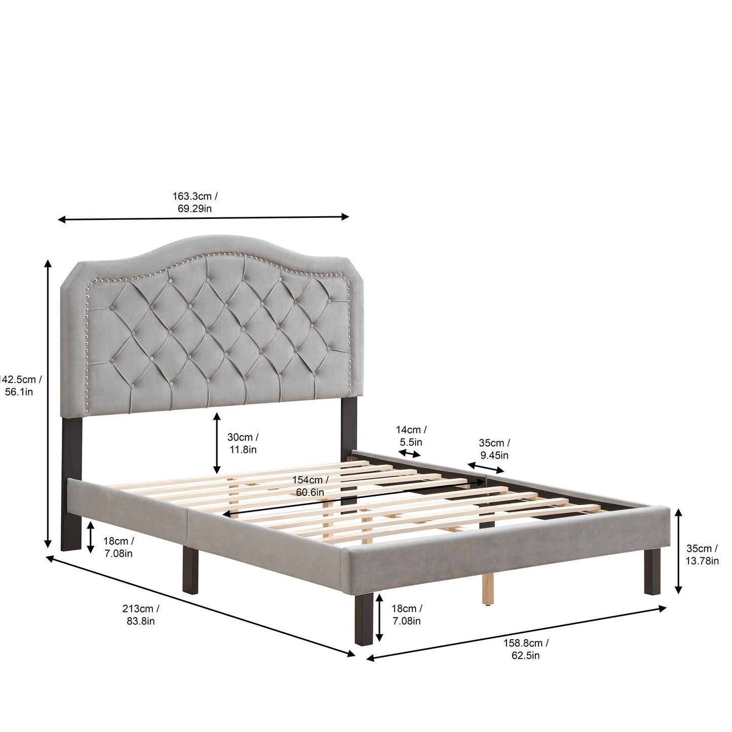 Queen platform upholstered bed with curved gray button-tufted headboard and dark wood legs on Tampa Home & Garden Store