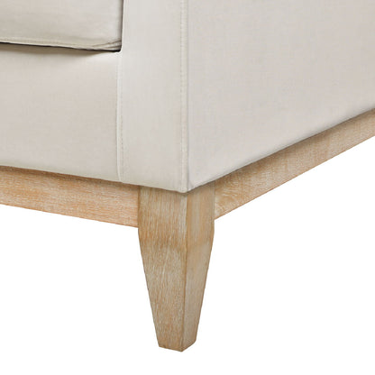 Modern farmhouse arm chair beige fabric with reversible cushions and natural wood legs on Tampa Home & Garden Store