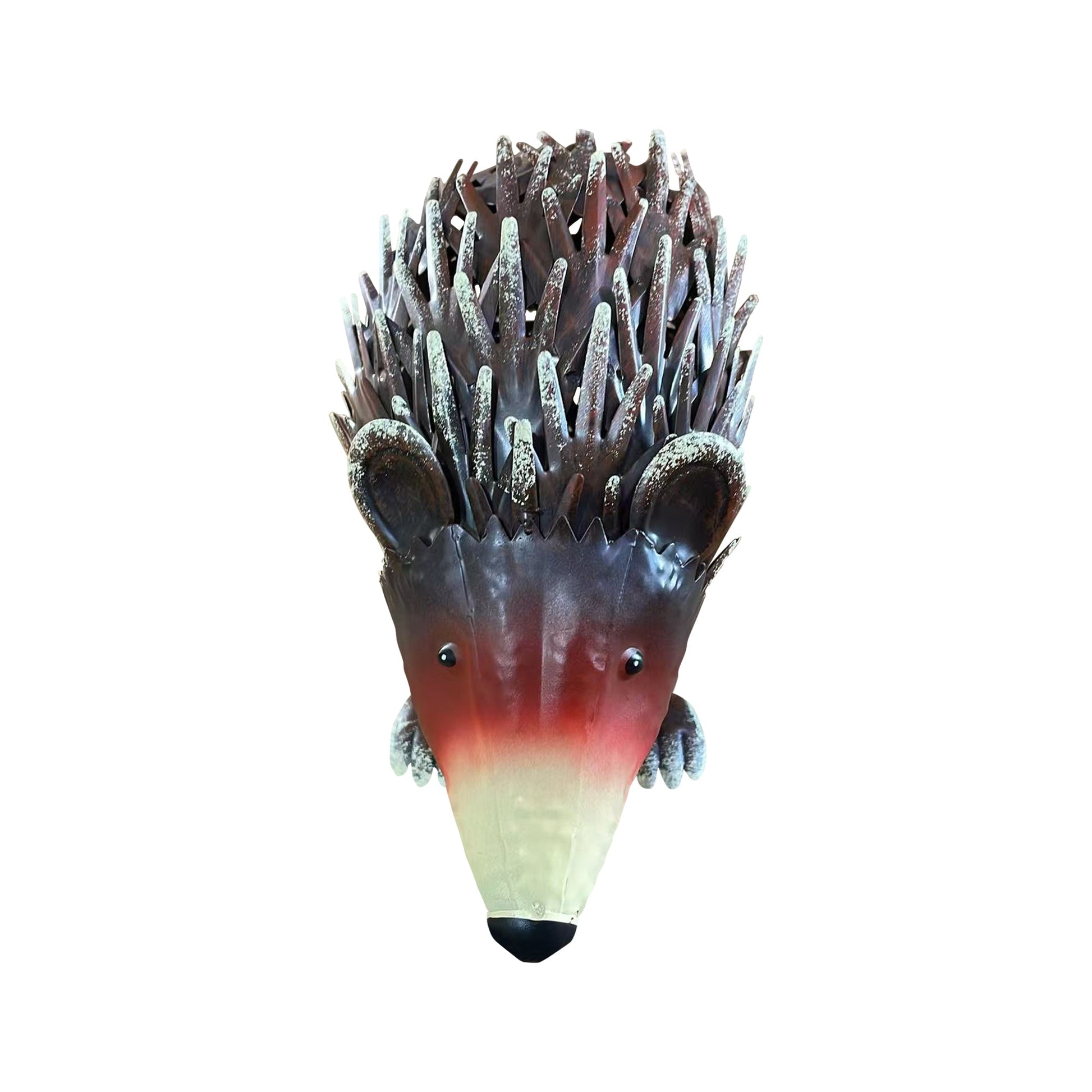 Handmade wrought iron hedgehog garden statue with rust-toned spines and black eyes on Tampa Home & Garden Store