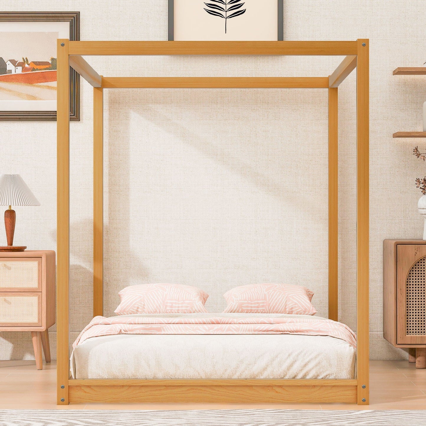 HouseOfZazla light oak canopy bed frame with airflow slats and support legs on Tampa Home & Garden Store