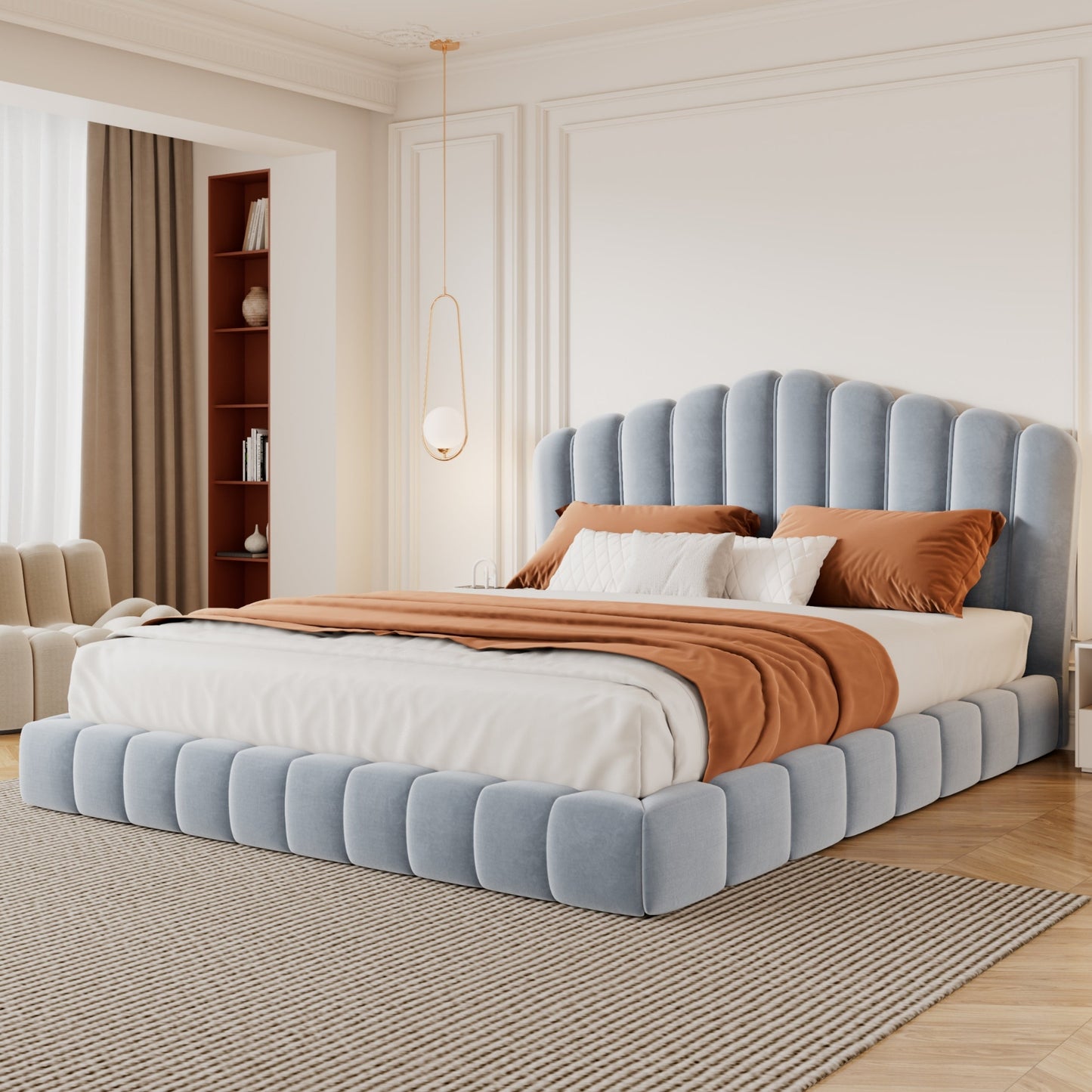 Velvet Upholstered Queen Bed with Shell Headboard