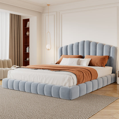 Velvet Upholstered Queen Bed with Shell Headboard